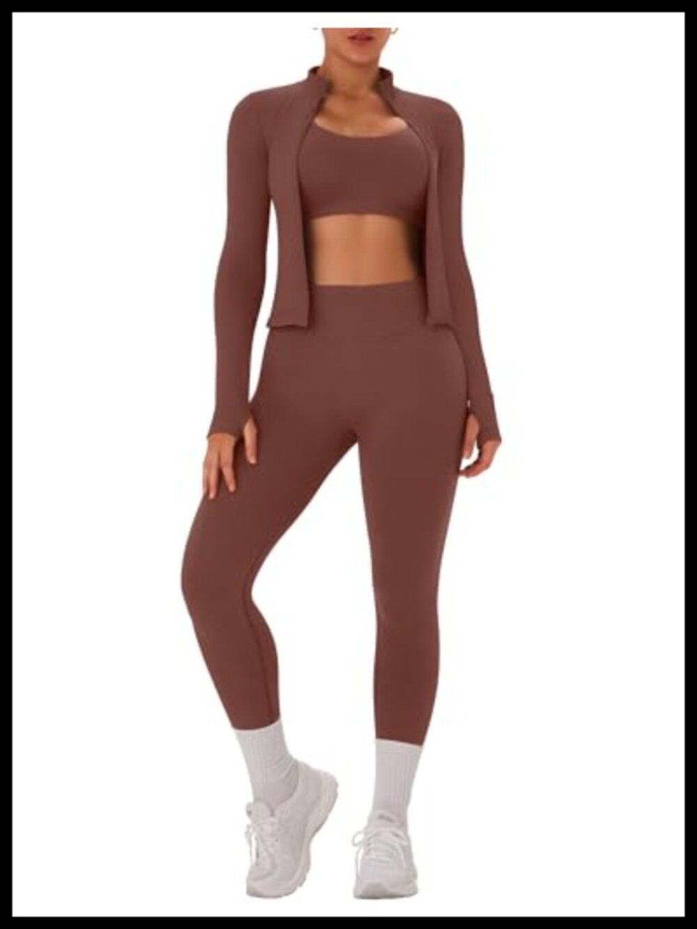 Seamless 3 Piece Workout Set Long Sleeve Jacket Sports Bra Leggings Gym Yoga
